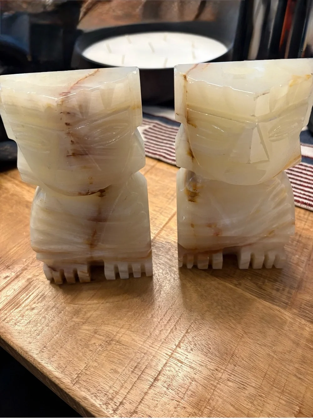 Hand-Carved Cream Onyx Tiki Figurine Pair - Decorative Home Accent